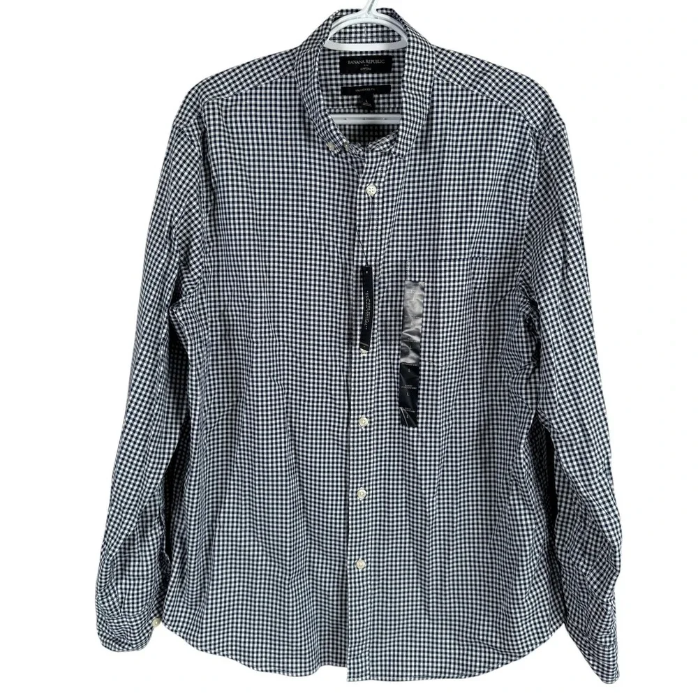 NEW Banana Republic Oxford Shirt Slim Untucked Fit Men L Navy Blue Gingham Check